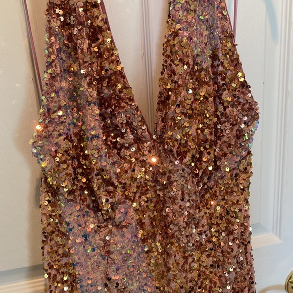 Free People Gold Sequin Gown Plunge Neckline - Picture 2 of 3